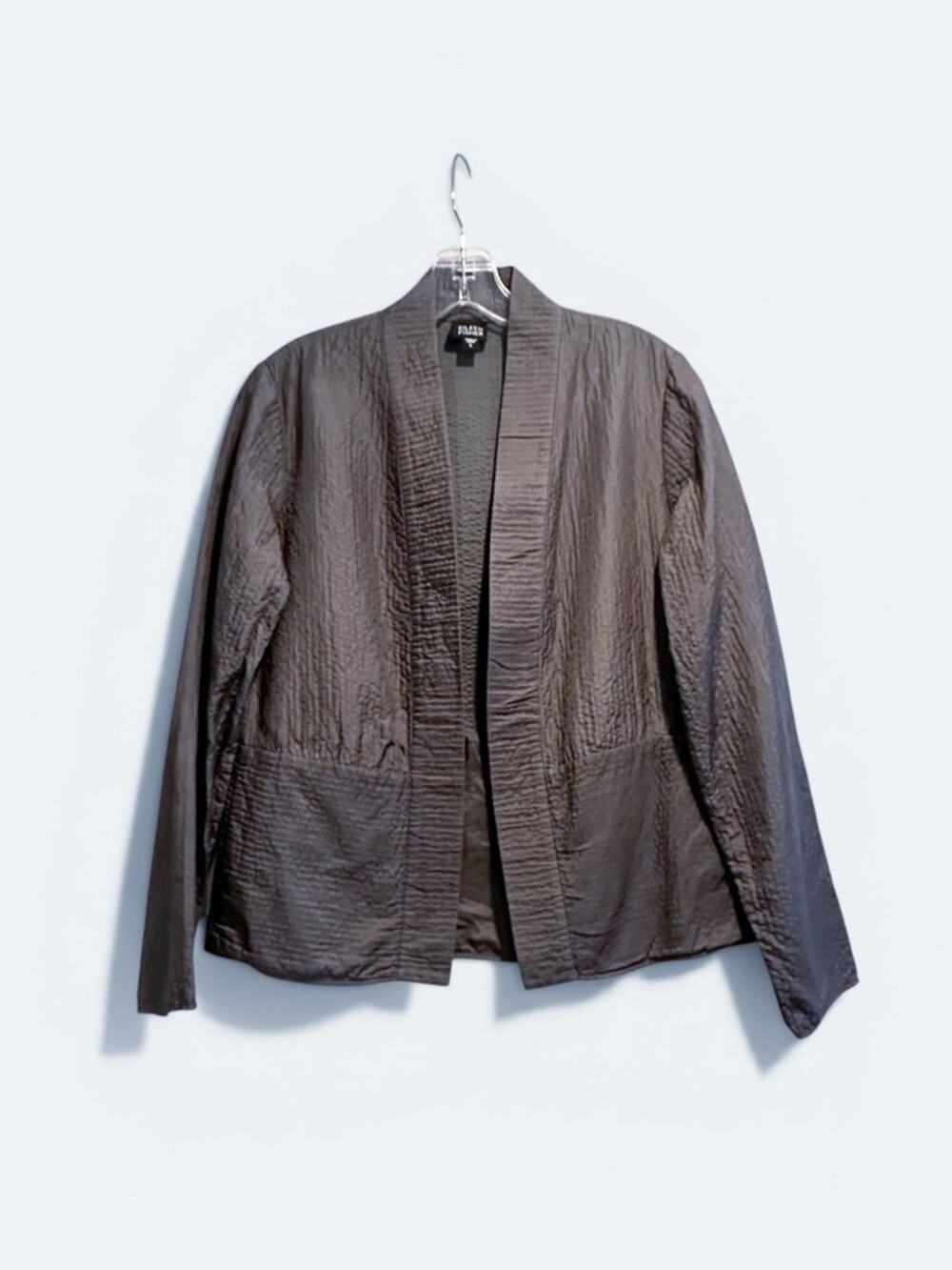 Eileen Fisher Quilted Silk Habutai Jacket Gray Small Open Blazer Quiet Luxury